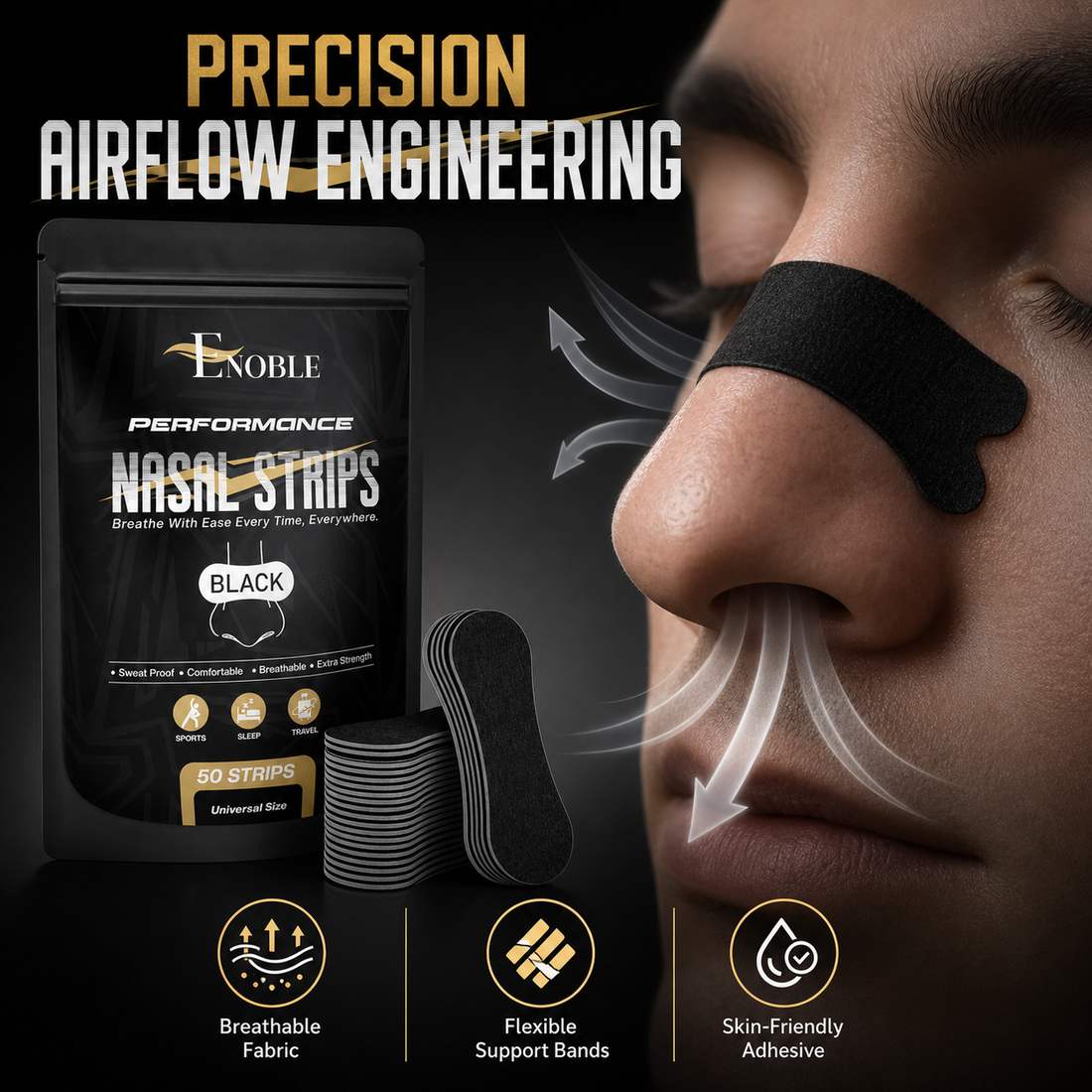 Performance Black Nasal Strips for Breathing- Oil & Sweat Resistant