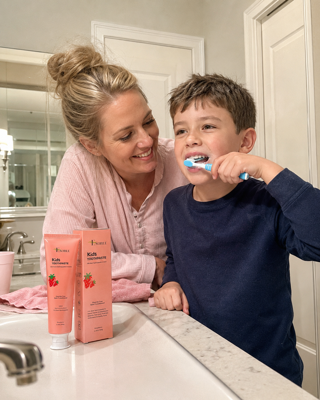 Kids brushing with toothpaste